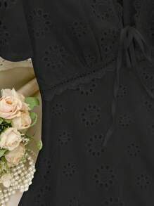 SHEIN VCAY Women's Summer Casual Solid Color Hollow Out Embroidery Mini Dress - Black - View 5