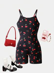 Tween Girls' Casual Cherry Print Cami Romper - Black - View 2