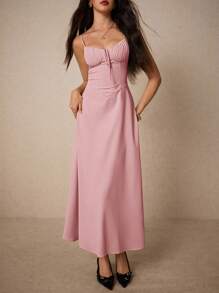 Poéselle 女士优雅纯色细肩带连衣裙 - 粉色 - 查看 5