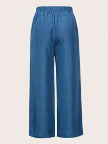 SHEIN PETITE Pantaloni lunghi casual di alta qualità di colore blu scuro con tessuto lavorato, in taglie comode, con vita elastica e gamba ampia, design semplice e versatile, adatti per uso quotidiano, pendolarismo, attività del tempo libero, fotografia - comodi, eleganti e ottimo rapporto qualità-prezzo