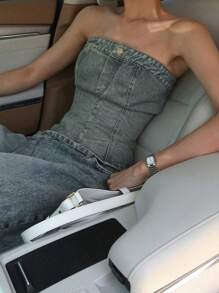 DAZY 女士弹力修身牛仔吊带背心，春夏抹胸上衣 - 中等水洗藍 - 查看 6