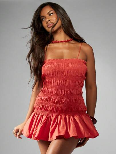 high neck drop waist mini dress Beige Sleeveless High Neck Beaded Ruffle Mini Dress