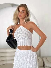 Roylia Damen Cut Out-Ausschnitt Crop Top mit offenen Schultern einfarbig aus Strickstoff - Weiss - Übersicht 6