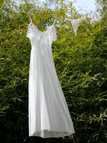 طقم قطعتين: فستان قطعة من الدانتيل + سروال داخلي، ملابس نوم نسائية بطباعة زهور رومانسية، مناسبة للزفاف - أبيض - مشاهدة 2