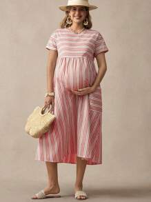 SHEIN Boho Maternity Patch Pocket Striped Dress - Red - View 4