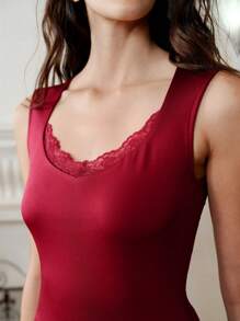 SHEIN LUNE Women Casual Elegant Floral Lace Patchwork Stretchy Sleeveless Camisole - Burgundy - View 6