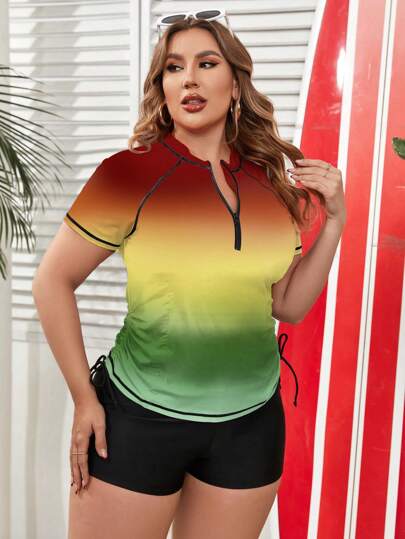 Swim SPRTY 大码女式纯色前拉链短袖休闲分体式泳衣夏季