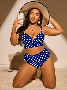 Swim Mod Plus Size Women Dot Print Supportive Spaghetti Strap Tankini Swimsuit Set For Summer Beach Vacation