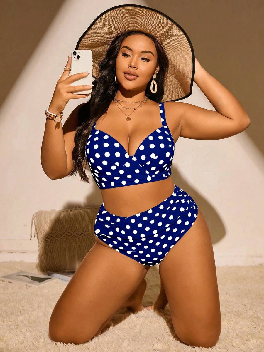 Swim Mod Plus Size Women Dot Print Supportive Spaghetti Strap Tankini Swimsuit Set For Summer Beach Vacation