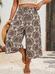SHEIN VCAY Pantalones capri de pierna ancha con estampado floral de talla grande, simples y elegantes, adecuados para el verano - Café integral - Ver 1
