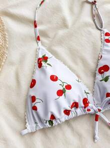 SHEIN Leap Crew Teen Girls Seaside Vacation Cute Cherry Print V-Neck Bikini Set, Beach Outfit Bathing Suit Summer,Summer Beach - Red and White - View 6