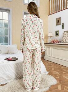 CottageSlumber 泡泡褶皱花卉印花翻领长袖上衣和裤子睡衣套装，秋冬舒适优雅细节