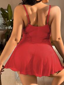 Snug Zone 2 Pieces Set: Plus Size Lace & Mesh Splice Strapless Sexy Dress + G-String Panty - Red - View 2