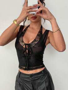 SHEIN Essnce Crop top estivo in stile Y2K in maglia nera semitrasparente con inserti in pizzo