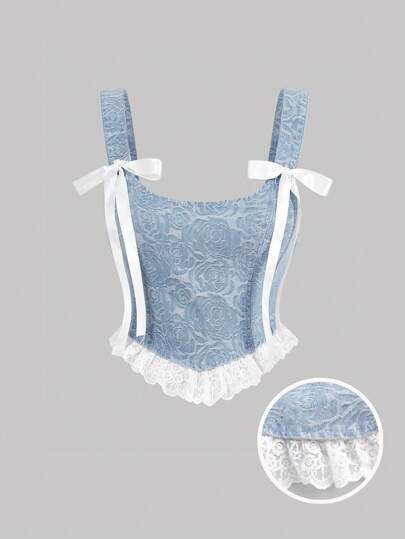 SHEIN MOD 大码蓝色超大牛仔上衣蝴蝶结玫瑰图案面料夏季浪漫上衣