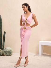 BY FELIZIA Pink Solid Color Ruched Deep V Neck Top & Slit Pencil Skirt Sexy Co-Ords For Women Romantic Two-Pieces For Summer Vacation - Pink - View 5