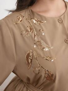 Veilorie Plus Size Women Embroidered Dress With Wide Leg Pleated Pants 2 Pieces Set - Apricot - View 7