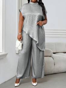 SHEIN Lady Two Pieces Women's Suit Summer Two Pieces Casual And Elegant Women's White Woven Stand-Up Collar Elegant Layered Women's Suit Fashionable Women's Two Pieces Suit Women's Casual Plus Size Matching Summer Tops Lounge Sets For Women Spring Outfits For Women - Light Grey - View 4