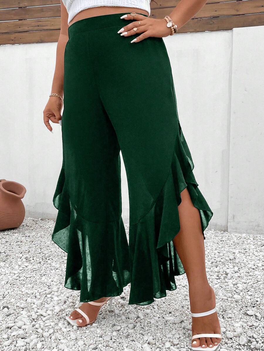 SHEIN Unity Plus Size Women Solid Color High Waist Ruffle Hem Wide Leg Casual Pants - Dark Green - View 1