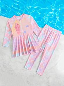 2pcs/Set Young Girls One-Piece Swimsuit With Defining Prints & Frilly Edges - Multicolor - View 6
