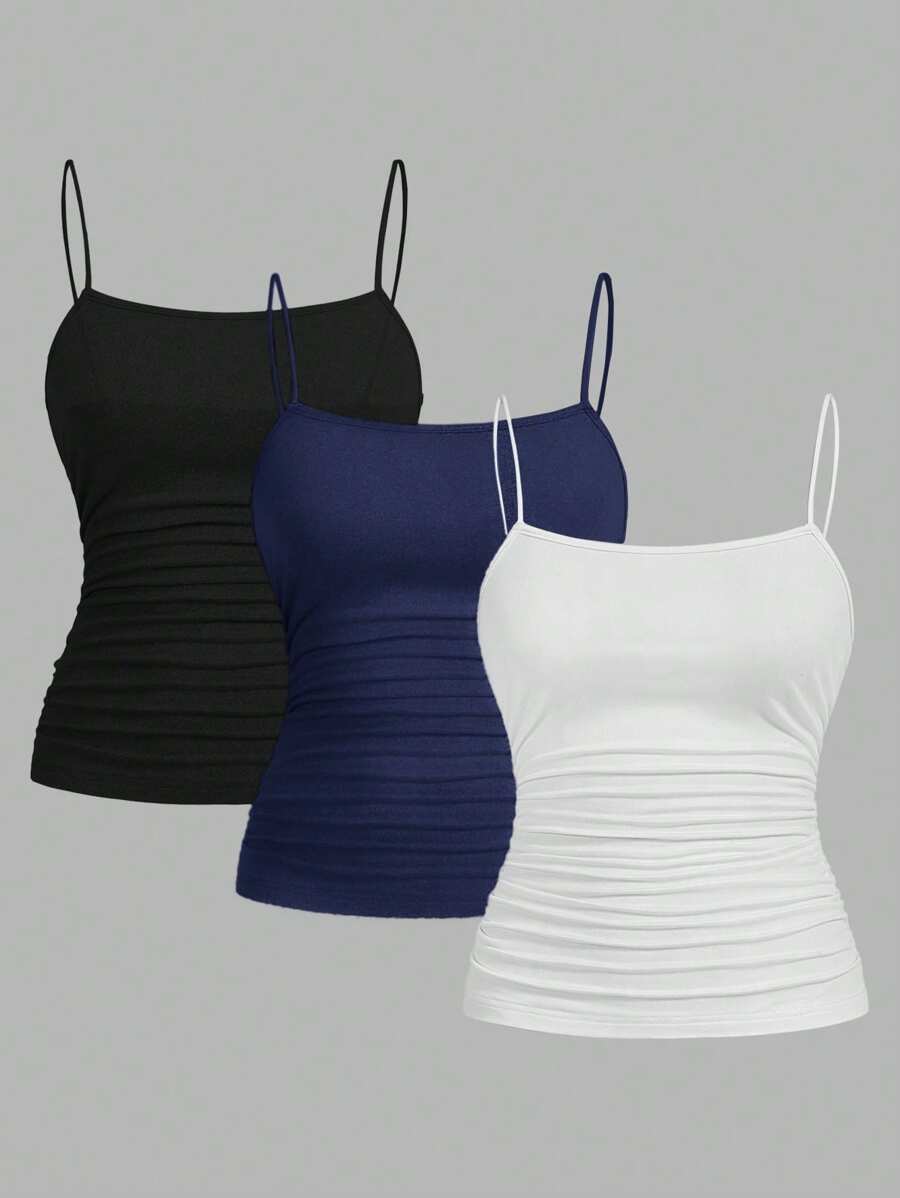 SHEIN EZwear 3 件套女士侧褶修身吊带背心上衣，黑色/白色/海军蓝，适合夏季 - 彩色 - 查看 1