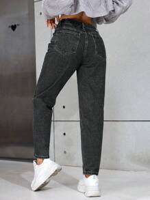 SHEIN PETITE Casual Distressed Rhinestone Cone Shaped Jeans - Dark Grey - View 2