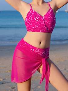 3pcs/Set Tween Girl Swimwear, Printed Style, Simple And Fashionable, Peach And Pink Color, Asymmetrical Heart Pattern, Suitable For Beach, Ideal For Valentine's Day, Including Chiffon Scarf Cover