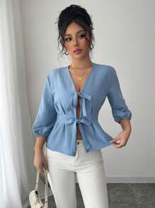 Elenzga Camisa elegante con mangas de farol atada al frente y en la cintura - Azul - Ver 4