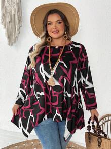 SHEIN CURVE+ Camiseta suelta de manga 3/4 con cuello redondo y bajo asimétrico para mujer de talla grande, con estampados de San Valentín, rosa, corazón, lunares, amor, labios, Cupido, flores 3D