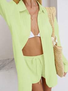 SHEIN Unity 2 件套女士休闲亚麻宽松长袖衬衫和松紧腰短裤，轻盈透气，适合春夏季 - 綠色 - 查看 6