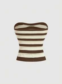 SHEIN MOD Mocha Striped Metal Buckle Halter Knit Top For Women,Going Out Top
