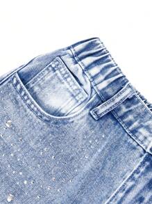 Tween Girl' Fashionable Casual Rhinestone Washed Denim Straight Leg Jeans - Medium Wash - View 4