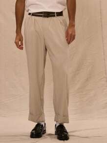 Tailored Double Belt Detail Straight Leg Turn Up Trouser - Khaki - View 2