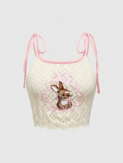 Kawaii Suéter de punto lindo con bordado de conejo y mariposa para mujer