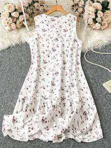 SHEIN LUNE Vestido informal de mujer talla grande sin mangas con diseño de parches, volantes en el bajo, escote en V simple, con estampado de rayas, bordado y botones delanteros - Blanco - Ver 2
