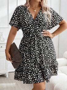 SHEIN Clasi Plus Allover Print Ruffle Hem Belted Dress For New Year Clothes - Black - View 5