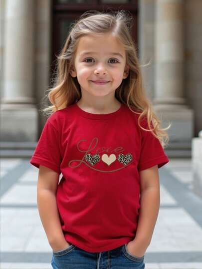 SHEIN Young Girl Red Love & Leopard Print Crew Neck Short Sleeve T-Shirt Young Girls T Shirt Kids T Shirt School Clothes Young Girls T Shirts,For Mother's Day Summer Holiday