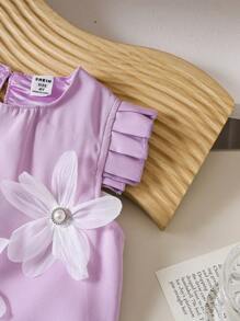2pcs Set Girls Stylish Pearl 3D Floral Design Top With Skirt Suit, Elegant Princess Outfit, Summer - Purple - View 7
