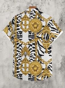Manfinity Homme 金链、金怀表、斑马纹时尚休闲全身图案印花修身男式短袖衬衫 - 彩色 - 查看 5