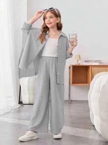 SHEIN Tween-Mädchen 3-teiliges Set: Lässige, gestreifte Bluse mit weitem Bein + gestreifte Hose mit weitem Bein + Camisole-Top, Drop-Shoulder - Schwarz und Weiss - Übersicht 3