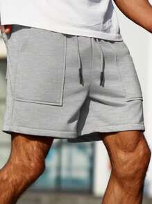 Manfinity Homme Men's Solid Color Drawstring Waist Pockets Casual Shorts, Summer, Men Shorts Casual - Grey - View 3