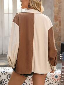 Women's Casual Color Block Patchwork Blouse Fall Cloth For Women - Coffee Brown - View 2