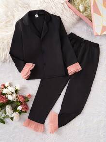 SHEIN 2pcs/Set Tween Girls Elegant Sweet Comfortable Satin Contrast Net Ruffle Hem Loungewear Set - Black - View 7