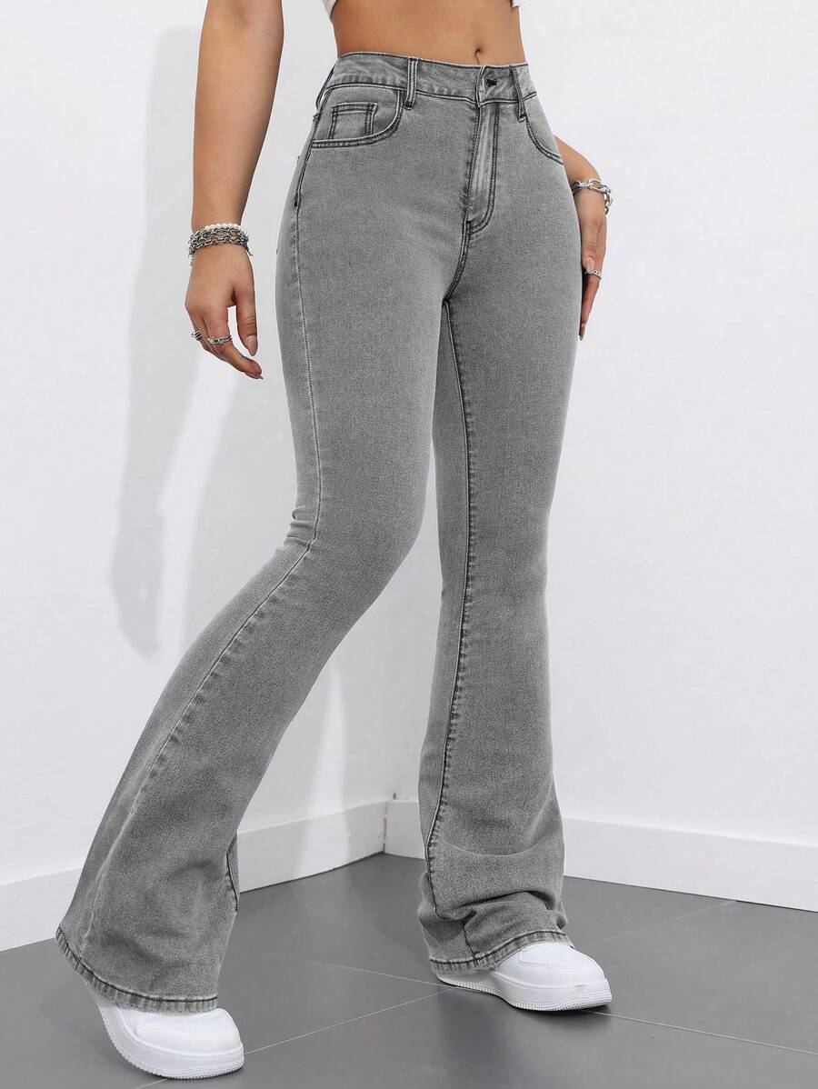 SHEIN Women's Casual Daily Slanted Pocket Denim Flare Pants - Light Grey - View 1