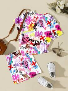 2pcs/Set Cute Graffiti Print, Young Girl Casual Minimalist Style Short Sleeve T-Shirt And Shorts Outfit, Suitable For Summer - Multicolor - View 2
