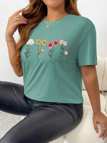 INAWLY Plus Size Women Floral Print Round Neck Short Sleeve T-Shirt, Casual For Summer - Mint Green - View 6
