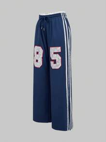 ROMWE Avant Damen Retro Y2K Sporty Ballett Spitze Patchwork Stickerei Nummer Gerade Bein Seitenschlitz Hose