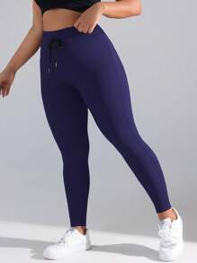 Easithlete Plus Size Women's Ribbed High Waist Drawstring Pants, Butt Lifting Base Layer Leggings - Navy Blue - View 5