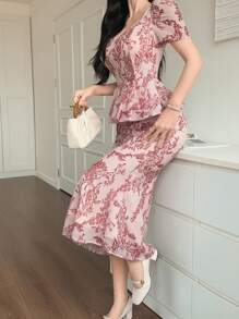 DAZY Women 2 Pieces Set: Floral Print Ruffle Hem Shirt And Skirt - Pink - View 4