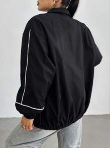 POPSWAY 休闲拼色宽松学院风街头薄款长袖外套 - 黑色 - 查看 2